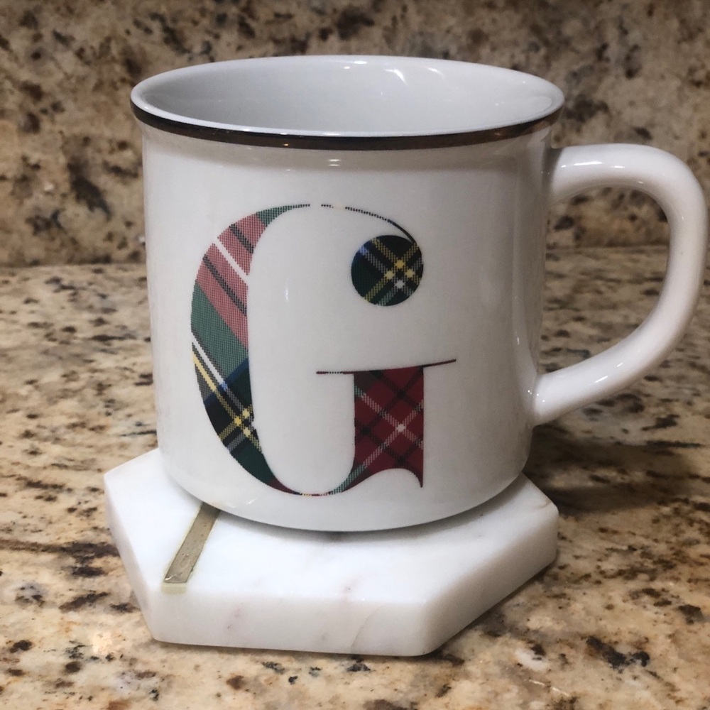 Pottery Barn White Mug with Plaid Letter G and Silver Rim